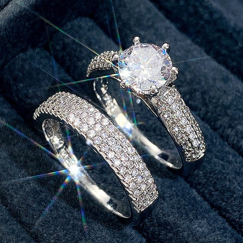 Creative Copper White Gold Plated Zircon Couple Rings, Simulated Diamond Proposal Ring For Women