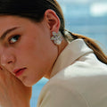 Two Tone Lily Flower Stud Earrings With Faux Pearl, Light Luxury Winter Drop Earrings view 3