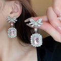Light Luxury Alloy Rhinestone Zircon Square Bow Necklace Earrings Jewelry Set view 3