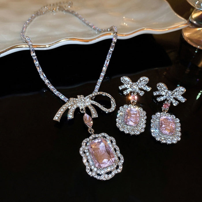 Light Luxury Alloy Rhinestone Zircon Square Bow Necklace Earrings Jewelry Set