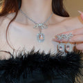Light Luxury Alloy Rhinestone Zircon Square Bow Necklace Earrings Jewelry Set view 2