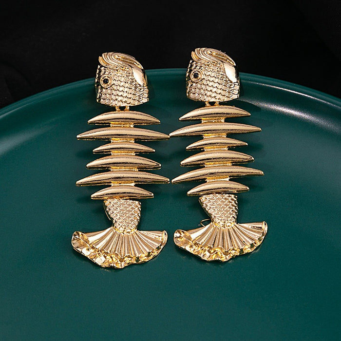 Luxury Gold Plated Alloy Fish Bone Drop Earrings Vintage Statement Big Head Fish Dangle Earrings