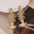 Luxury Gold Plated Alloy Fish Bone Drop Earrings Vintage Statement Big Head Fish Dangle Earrings view 4
