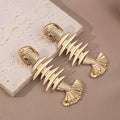Luxury Gold Plated Alloy Fish Bone Drop Earrings Vintage Statement Big Head Fish Dangle Earrings view 2