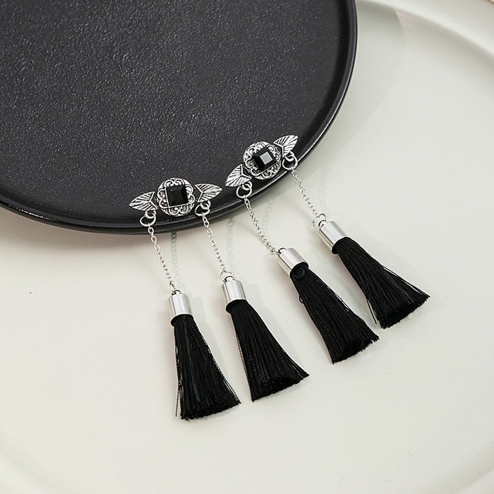 Vintage Palace Style Alloy Black Square Rhinestone Wing Tassel Drop Bridal Hanfu Earrings