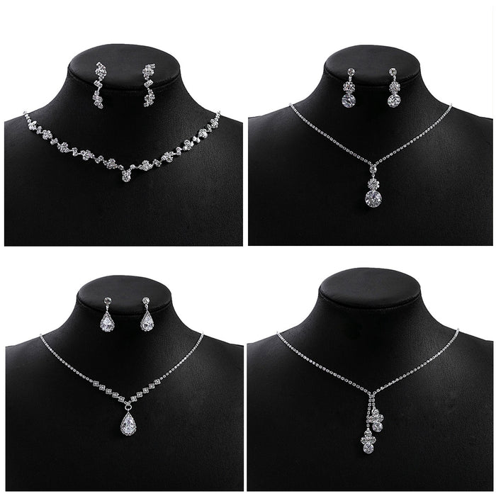 Luxury Zircon Flower Teardrop Tassel Bridal Jewelry Set With Rhinestone Necklace And Matching Earrings