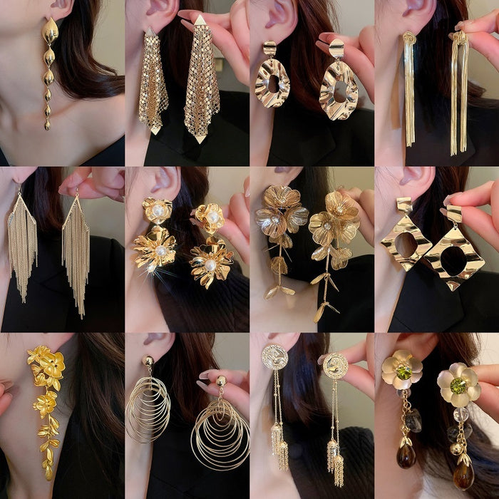 Metal Flower Bow Tassel Drop Earrings For Women Fashion OL Luxury Statement Ear Studs