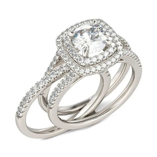 White Gold Color Simulated Diamond Couple Ring Set, Double Layer Sparkling Zircon Band Jewelry