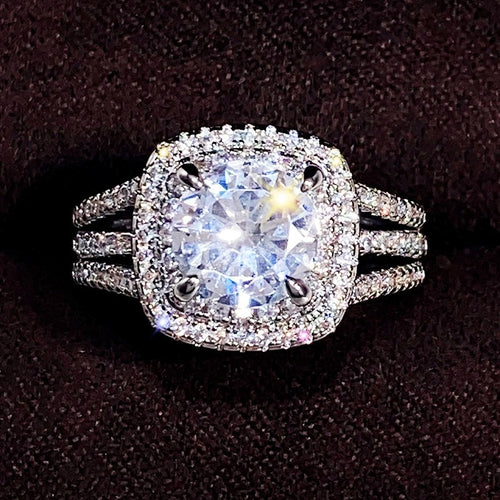 White Gold Color Simulated Diamond Couple Ring Set, Double Layer Sparkling Zircon Band Jewelry