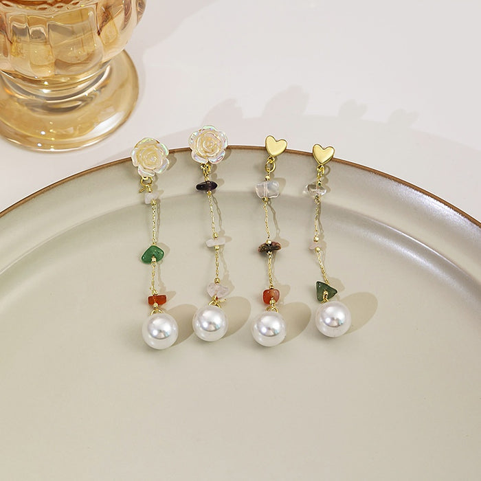 Korean Rose Flower Heart Stud Tassel Drop Alloy Crystal Beaded Faux Pearl Elegant Earrings