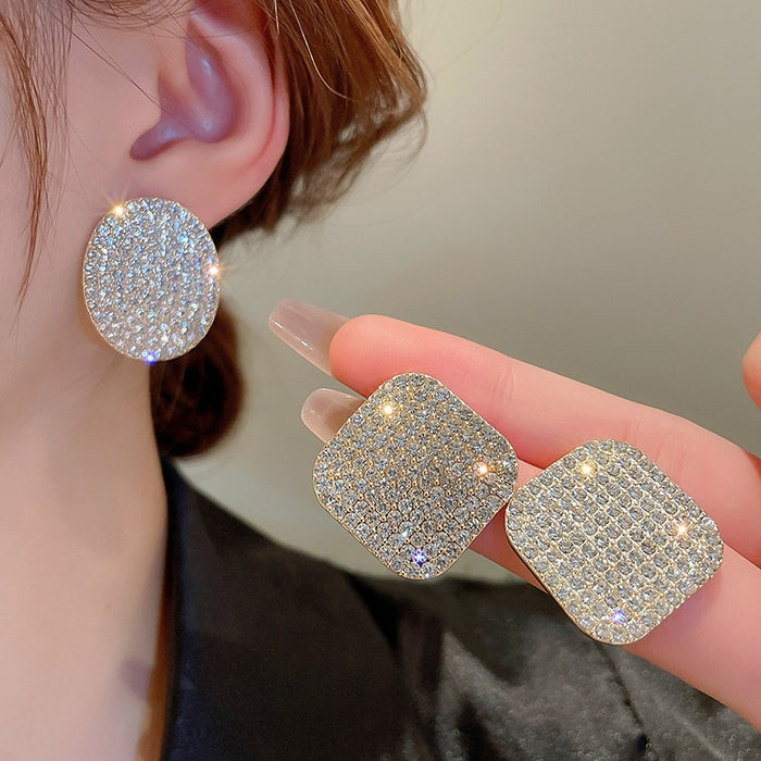Light Luxury Alloy Rhinestone Geometric Oval Square Stud Earrings With Silver Posts