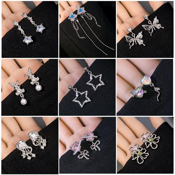 Silver Needle Alloy Rhinestone Star Butterfly Pearl Tassel Geometric Elegant Drop Stud Earrings