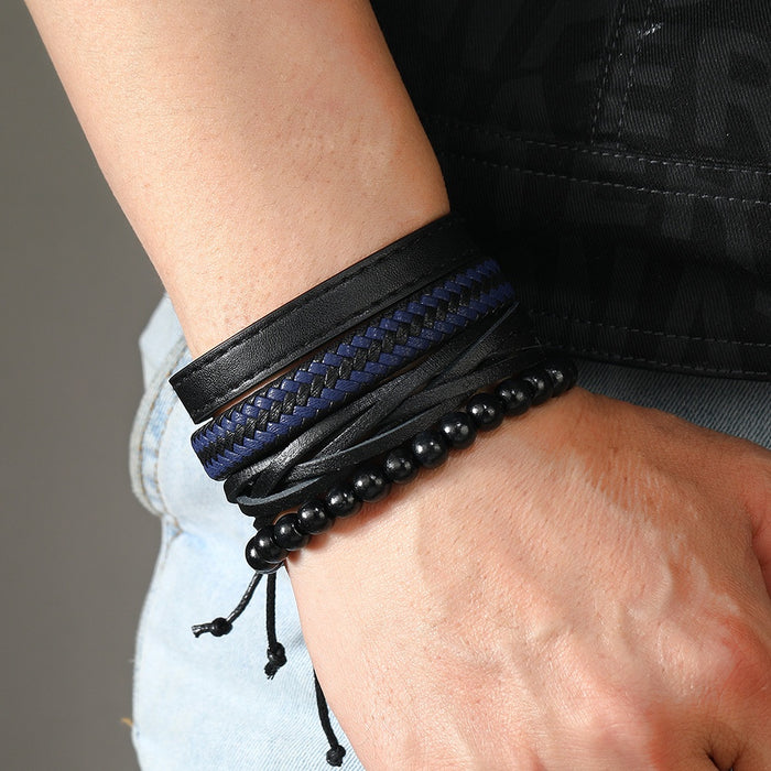 New Men's Handmade Braided Multi Layer Leather Bracelet DIY Four Piece Combination Wristband Set
