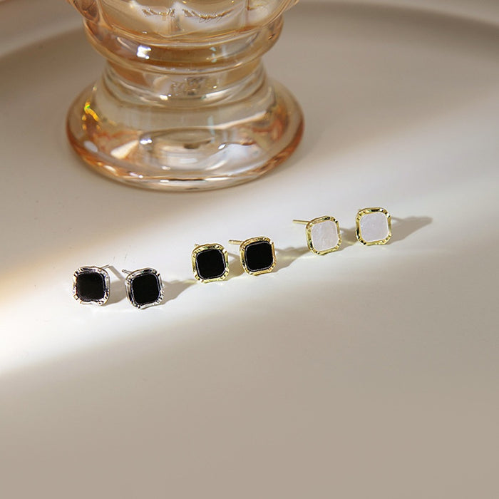 Elegant Black Enamel Geometric Square Studs With Silver Needle Minimal Luxury Alloy Women Earrings