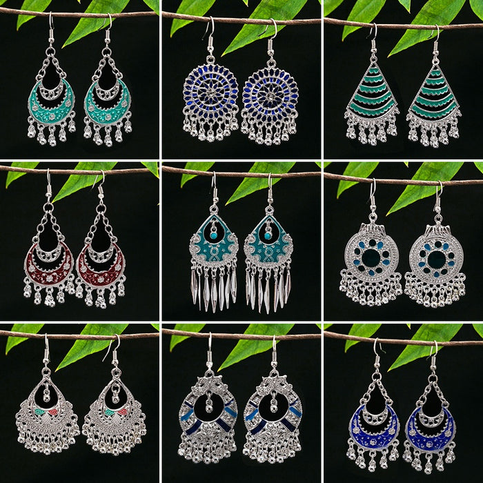 Vintage Ethnic Miao Silver Plated Alloy Earrings With Geometric Waterdrop Bell Tassel Hollow Design