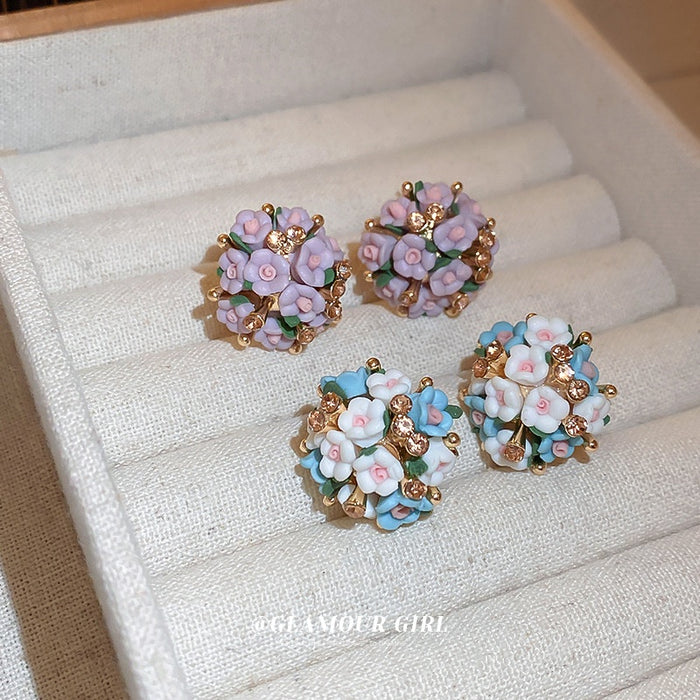 Ceramic Cluster Flower Stud Earrings With Rhinestone Inlay And Silver Posts Sweet Fashion Jewelry