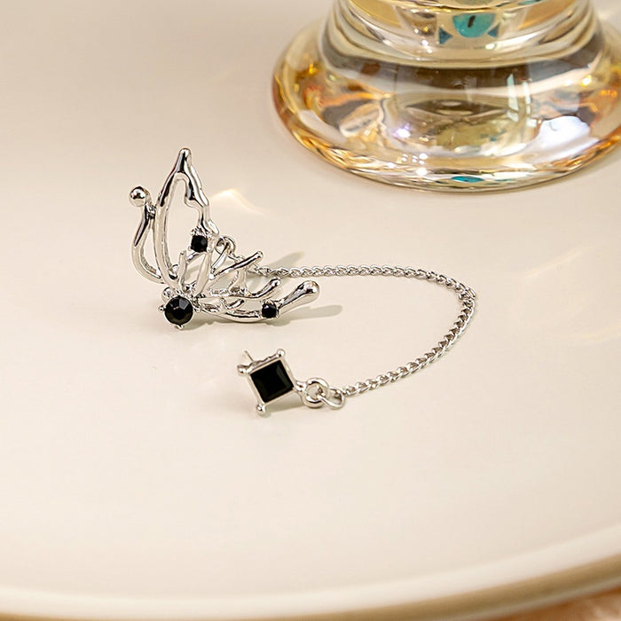 Elegant Hollow Liquid Butterfly Alloy Stud Ear Cuff With Black Rhinestone Chain Tassel Earrings