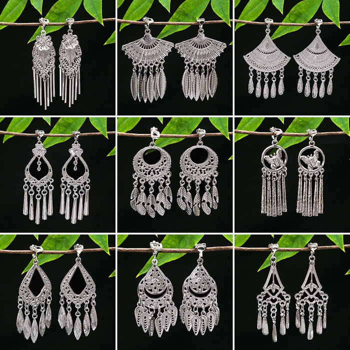 Ethnic Style Geometric Tassel Clip On Earrings, Vintage Miao Silver No Piercing Jewelry For Women