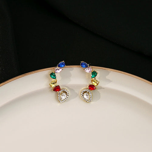 Elegant Luxury Colorful Teardrop Zircon Rhinestone Gold Alloy Geometric Drop Stud Earrings
