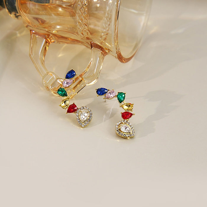 Elegant Luxury Colorful Teardrop Zircon Rhinestone Gold Alloy Geometric Drop Stud Earrings