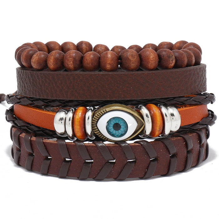Simple Vintage Handmade Multi Layer Leather Bracelet 4 Piece DIY Evil Eye Wristband Set