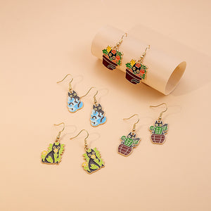 Creative Cute Enamel Black Cat Potted Plant Cactus Flower Gold Alloy Dangle Hook Earrings