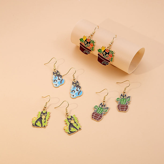 Creative Cute Enamel Black Cat Potted Plant Cactus Flower Gold Alloy Dangle Hook Earrings