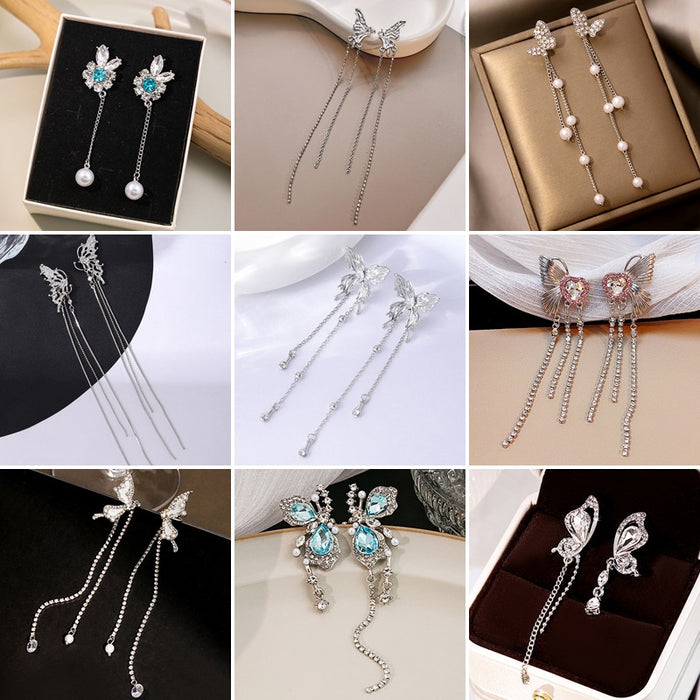 925 Silver Needle Butterfly Tassel Stud Earrings With Rhinestone Metal Chain Statement Design