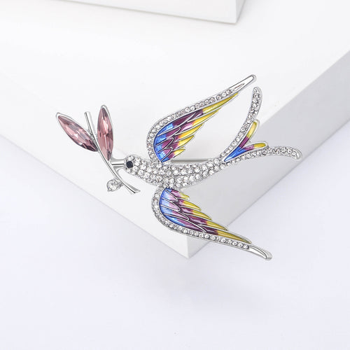 Alloy Enamel Rhinestone Swallow Branch Brooch Pin For Coats