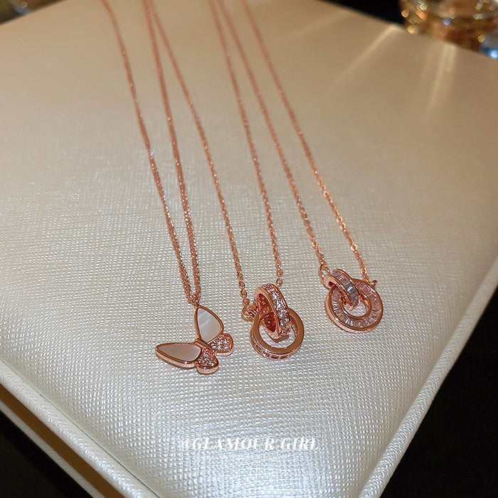 Rose Gold Zircon Butterfly Mother Of Pearl Necklace For Women Forest Style Clavicle Chain