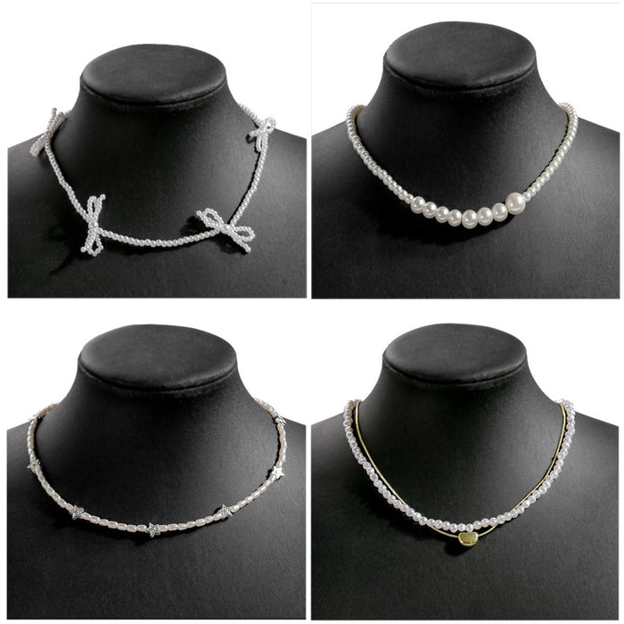 French Vintage Double Layer Pearl Necklace Niche Bow Collarbone Chain Heart Pendant Jewelry For Women