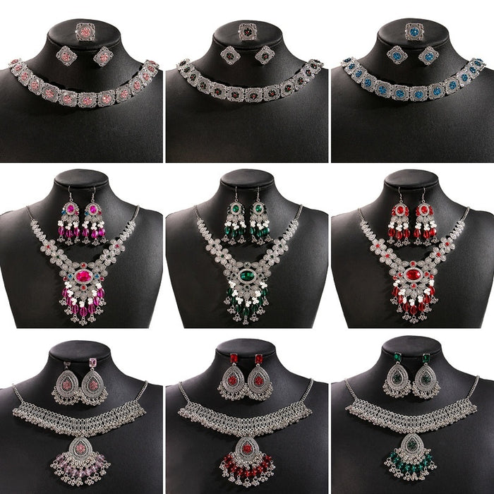 Luxury Vintage Flower Jewelry Set With Round Gemstone Tassel Necklace And Geometric Drop Square Earrings
