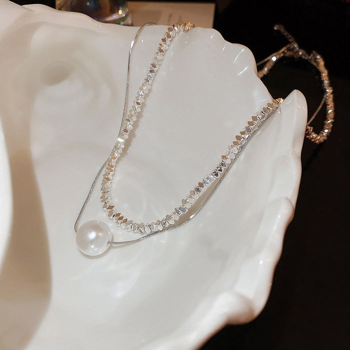 Light Luxury Alloy Pearl Double Layer Geometric Line Clavicle Necklace For Women
