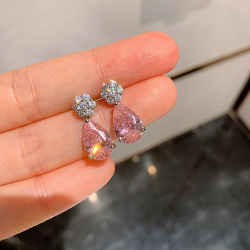 French Style Pink Water Drop Dangle Earrings, Elegant Shiny Fashion Jewelry For Women