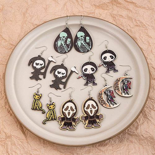 Vintage Halloween Pumpkin Ghost Teardrop Wooden Alloy Hook Cartoon Trick Or Treat Gothic Dangle Earrings