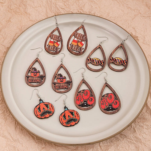 Vintage Halloween Pumpkin Ghost Teardrop Wooden Alloy Hook Cartoon Trick Or Treat Gothic Dangle Earrings