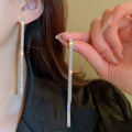 Light Luxury Copper Zircon Geometric Line Long Tassel Drop Earrings For Women view 2