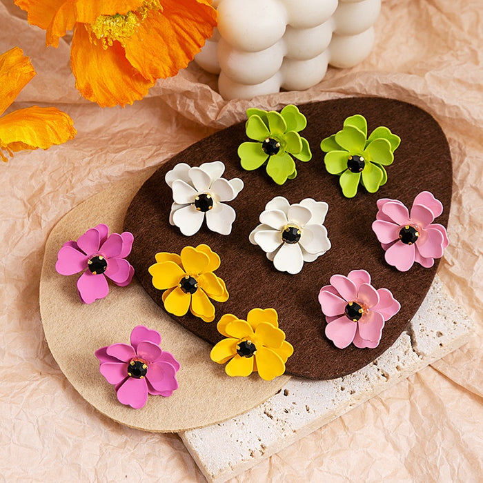 Layered Matte Enamel Flower Studs With Black Rhinestone Centers Elegant Colorful Floral Earrings