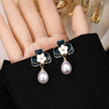 Elegant Vintage Blue Enamel Flower Studs With Pearl Drop, Alloy Petals And Rhinestone Center Earrings view 2