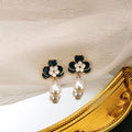 Elegant Vintage Blue Enamel Flower Studs With Pearl Drop, Alloy Petals And Rhinestone Center Earrings view 3