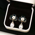 Elegant Vintage Blue Enamel Flower Studs With Pearl Drop, Alloy Petals And Rhinestone Center Earrings view 4