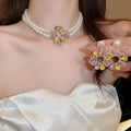French Vintage Faux Pearl Flower Waterdrop Rhinestone Earrings Necklace Jewelry Set view 2