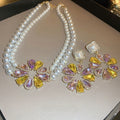 French Vintage Faux Pearl Flower Waterdrop Rhinestone Earrings Necklace Jewelry Set view 1