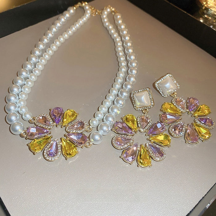 French Vintage Faux Pearl Flower Waterdrop Rhinestone Earrings Necklace Jewelry Set