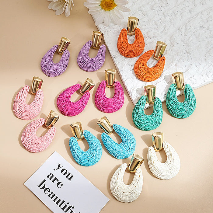 Bohemian Colorful Handwoven Raffia Geometric Hollow Round Alloy Stud Vacation Statement Earrings
