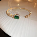 Light Luxury Copper Open Bangle With Square Emerald Green Zircon Ring Design view 4