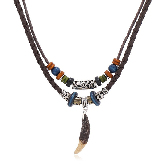 New Vintage Ethnic Style Dog Tooth Pendant Leather Necklace, Multi Layer Long Men's Accessory