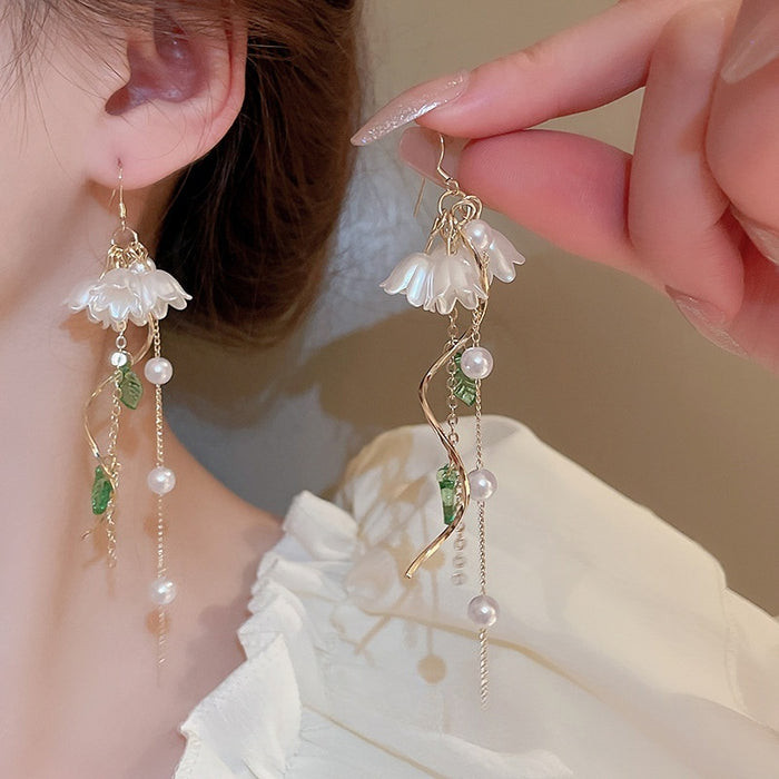 Korean Style Alloy Flower Leaf Tassel Drop Earrings, Light Luxury Fashion Ear Hook Jewelry
