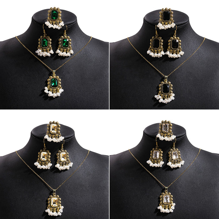 Vintage Luxury Rectangular Emerald Crystal Pearl Tassel Alloy Statement Jewelry Set Drop Earrings