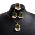 Vintage Luxury Rectangular Emerald Crystal Pearl Tassel Alloy Statement Jewelry Set Drop Earrings view 5